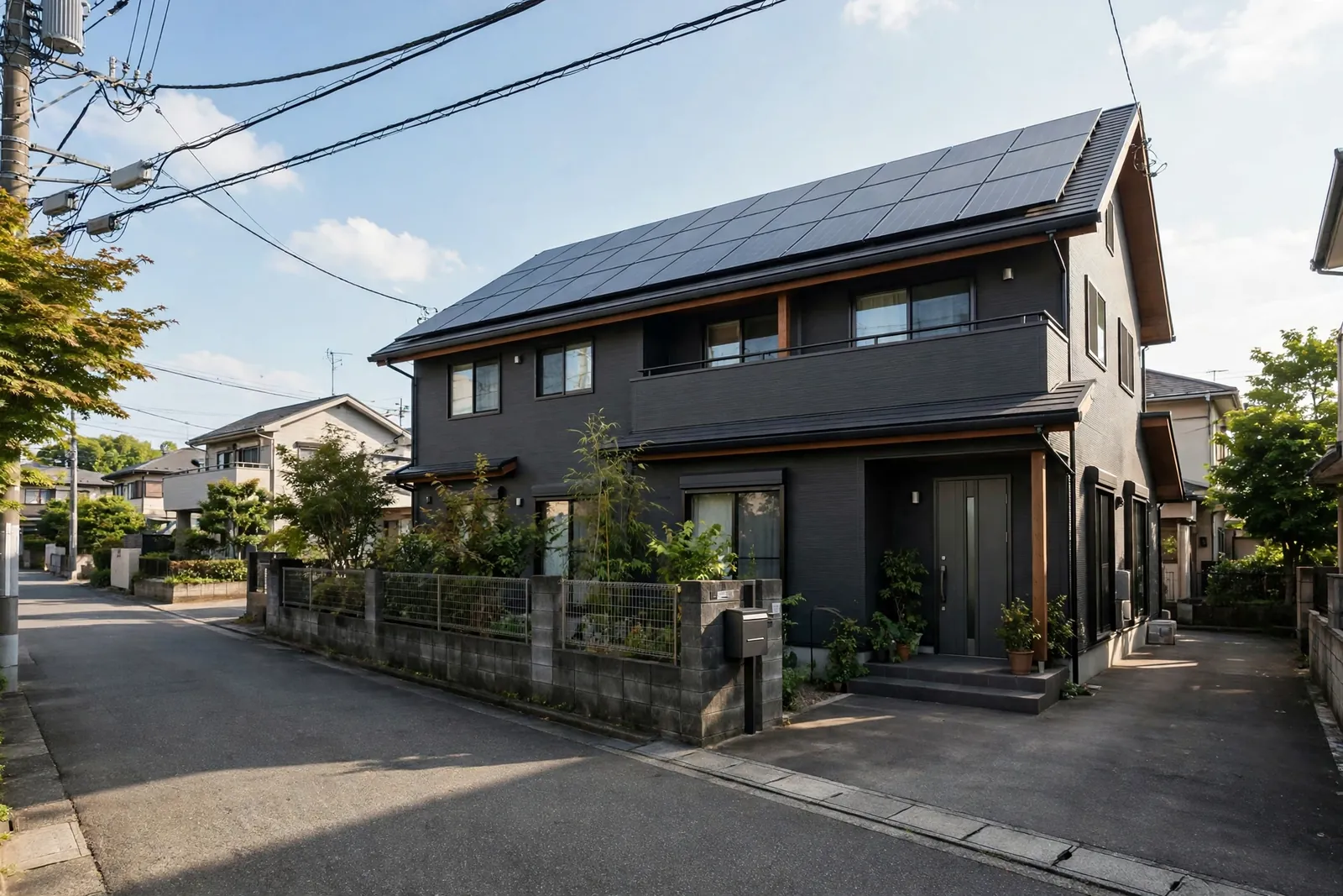 屋根に太陽光パネルを載せた戸建て住宅と前面道路