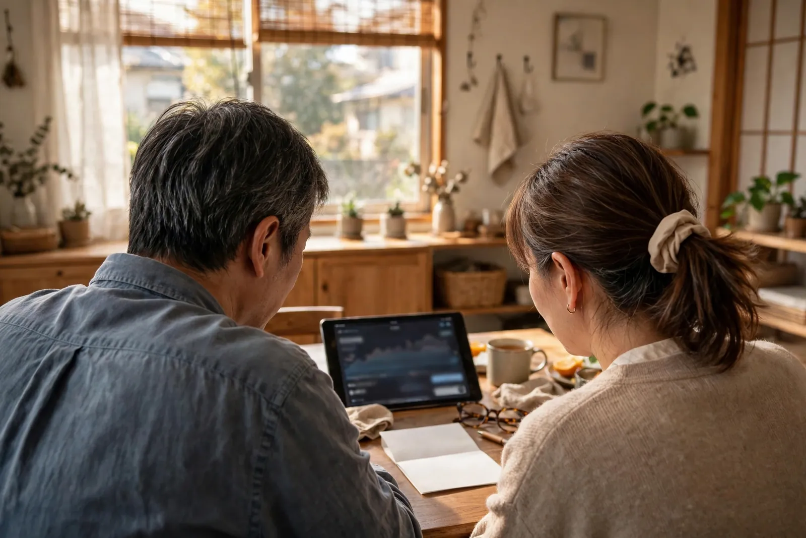 自宅のテーブルでタブレットを見ながら相談する夫婦