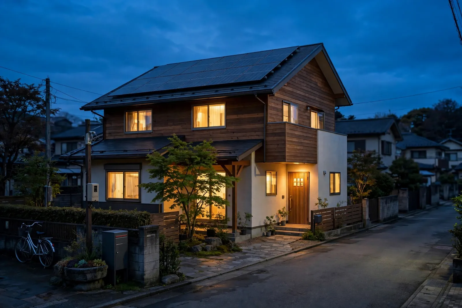夕方、窓に明かりがともる太陽光パネル付きの戸建て住宅